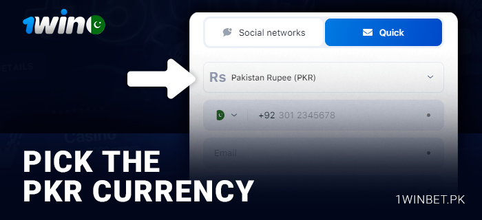 Selecting PKR currency when registering 1Win
