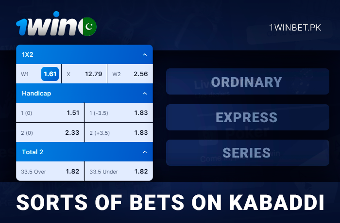 Available betting types for kabaddi matches at 1Win bookmaker